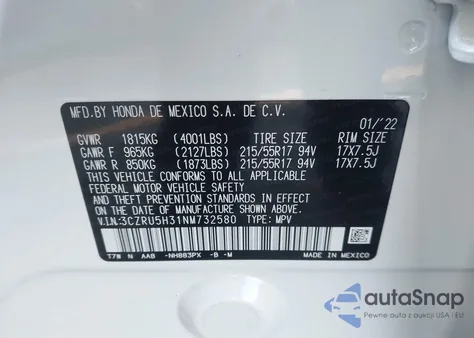 2022 Honda Hr-V 2Wd Lx z USA, uszkodzony, nr VIN 3CZRU5H31NM732580